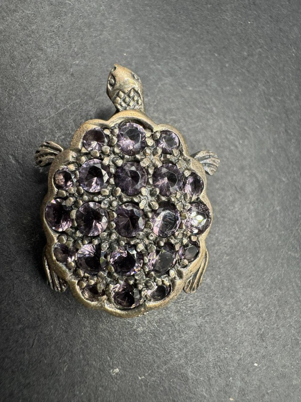 925 Sterling Silver Turtle Brooch with Purple Gemstone Accents 10.73 Grams